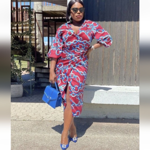 ZARA MULTICOLOURED CHAIN PRINT MIDI DRESS WITH KNOT DETAIL - Picture 3 of 11